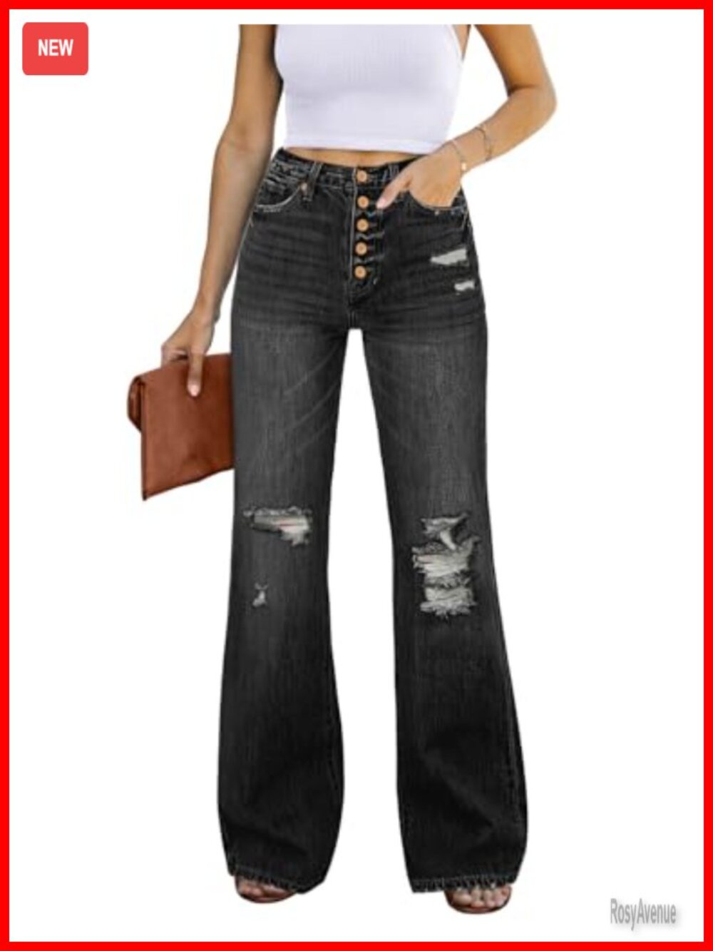 High Waist Ripped Flare Jeans Stretchy Denim 32" Inseam